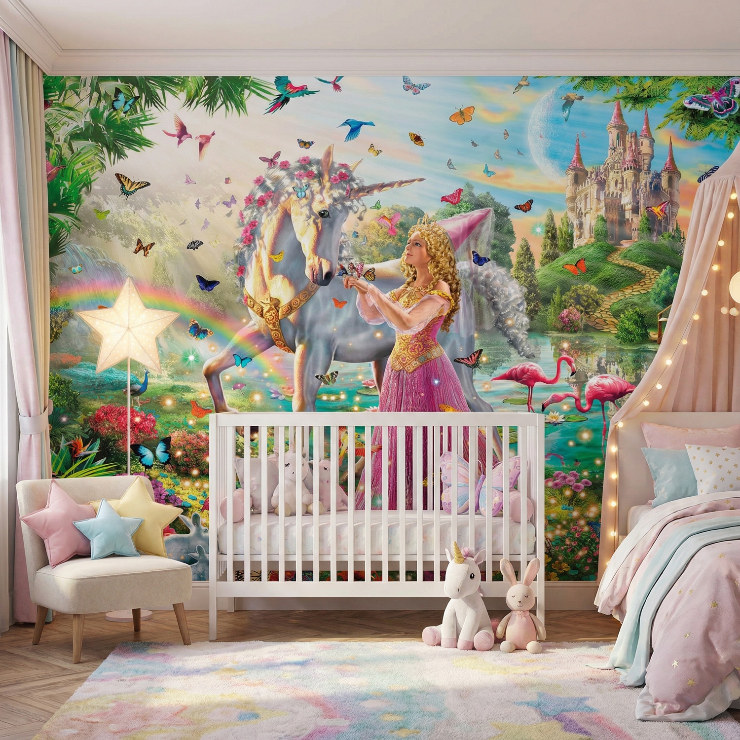 Wall Murals: Princess and unicorn in a magical garden