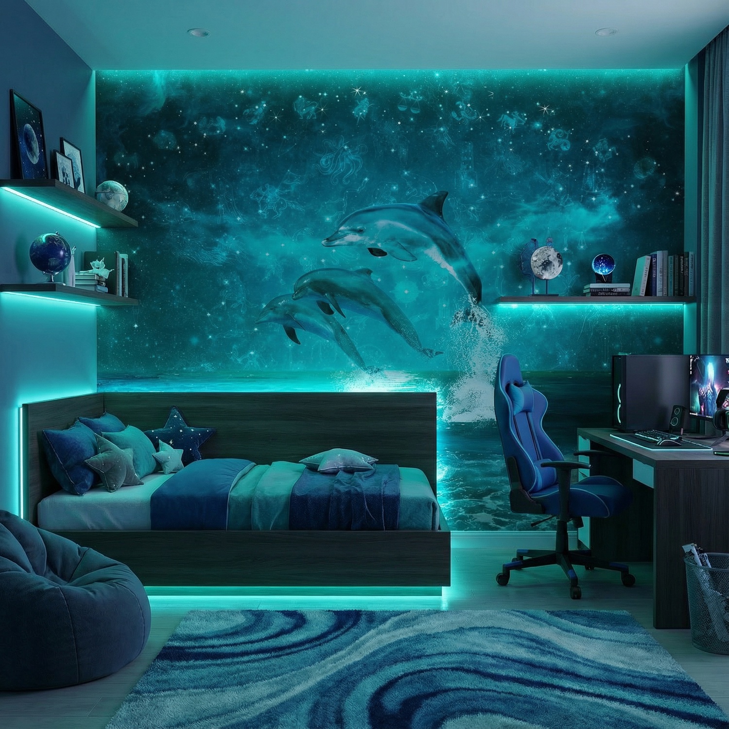 Wall Murals: Dolphins and constellations