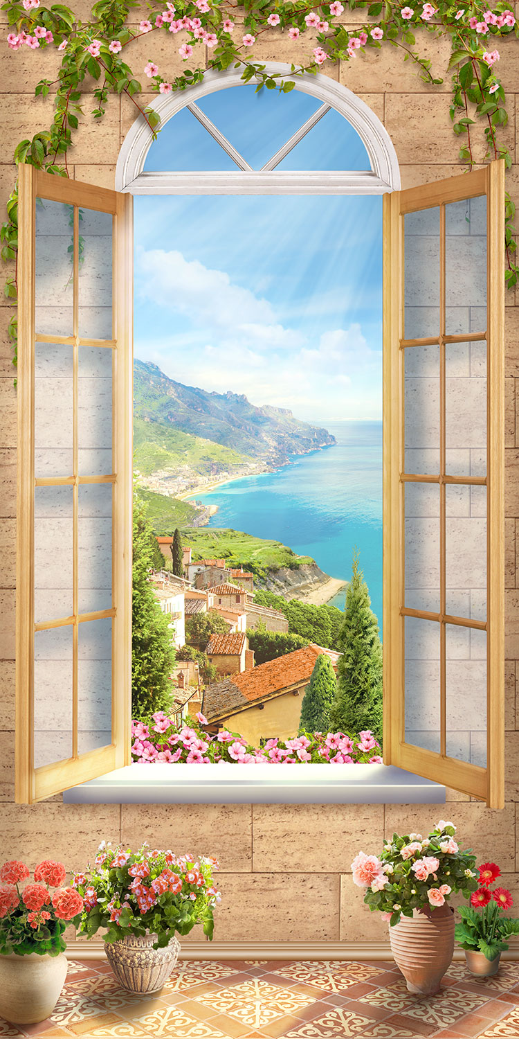 Wall Murals: Window in coastal village
