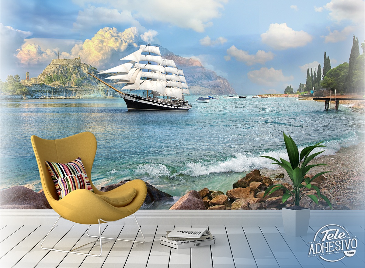 Wall Murals: Sailboat by the coast