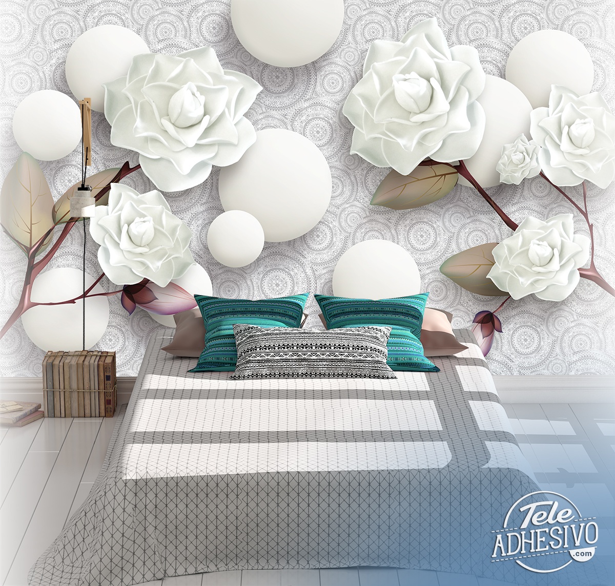 Wall Murals: White roses and stones