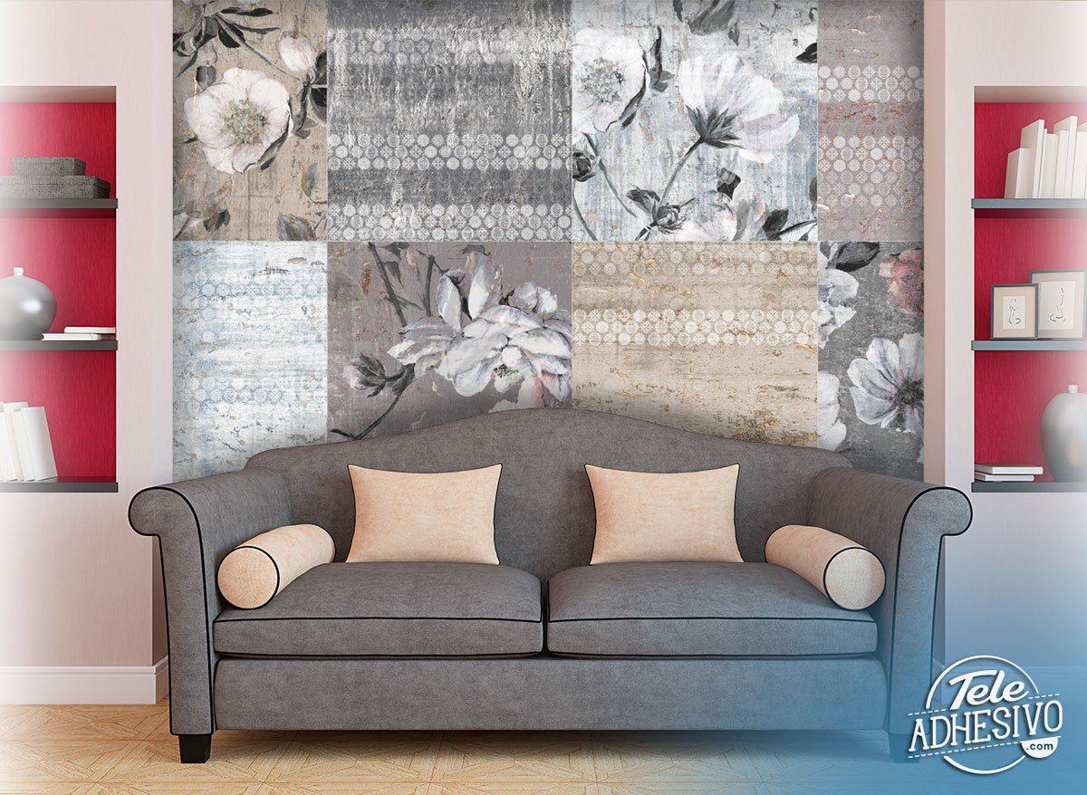Wall Murals: Printed flowers and stitches