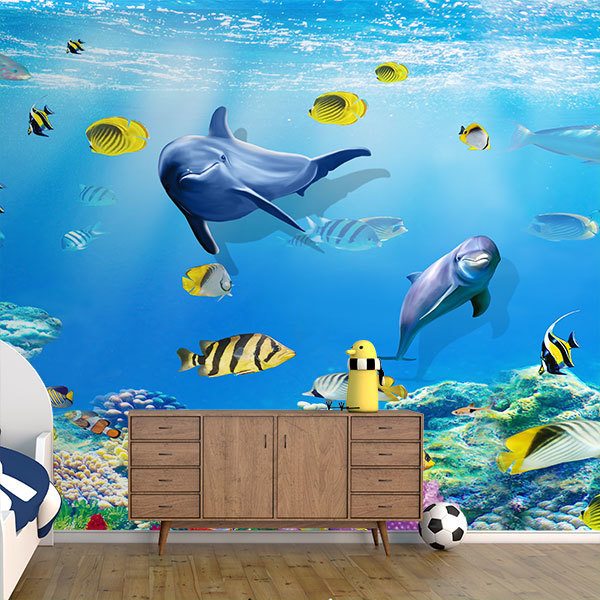 Wall Murals: Dolphins playing among fish