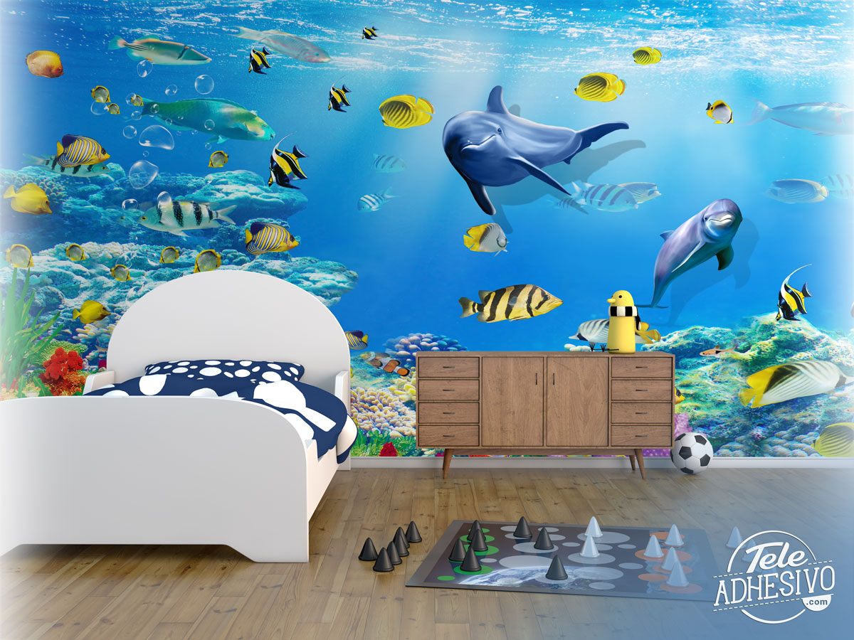 Wall Murals: Dolphins playing among fish