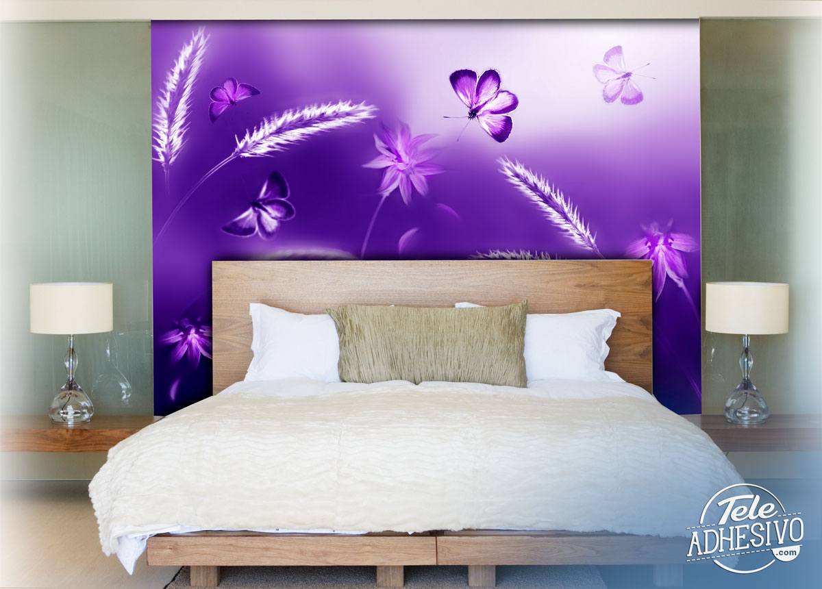 Wall Murals: Wheat and butterflies in violet