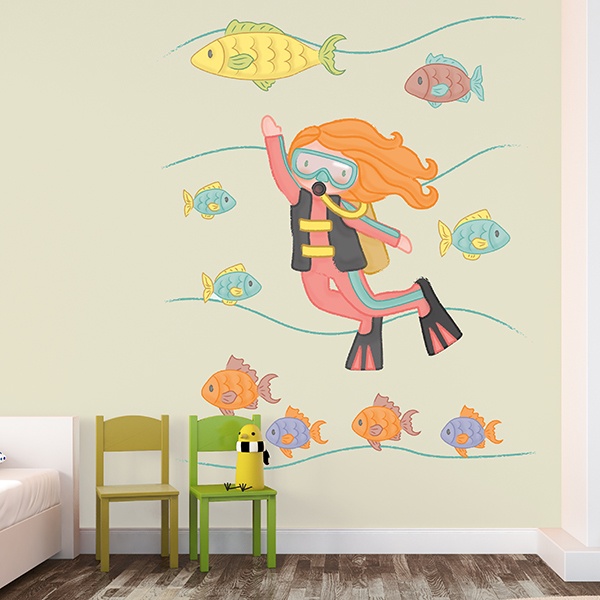 Stickers for Kids: Diver Accompanied by fish