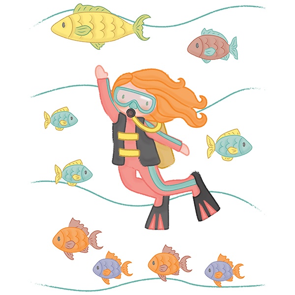 Stickers for Kids: Diver Accompanied by fish