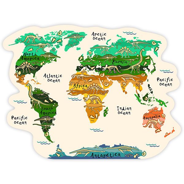 Stickers for Kids: World map continents and dinosaurs