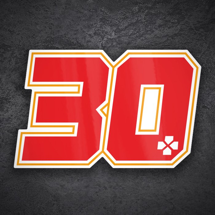 Car & Motorbike Stickers: Number 30 in Red with White Outline and Yellow Det