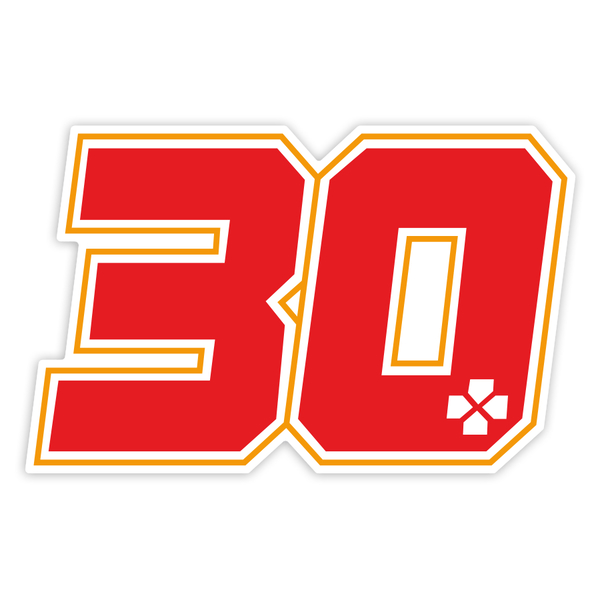 Car & Motorbike Stickers: Number 30 in Red with White Outline and Yellow Det