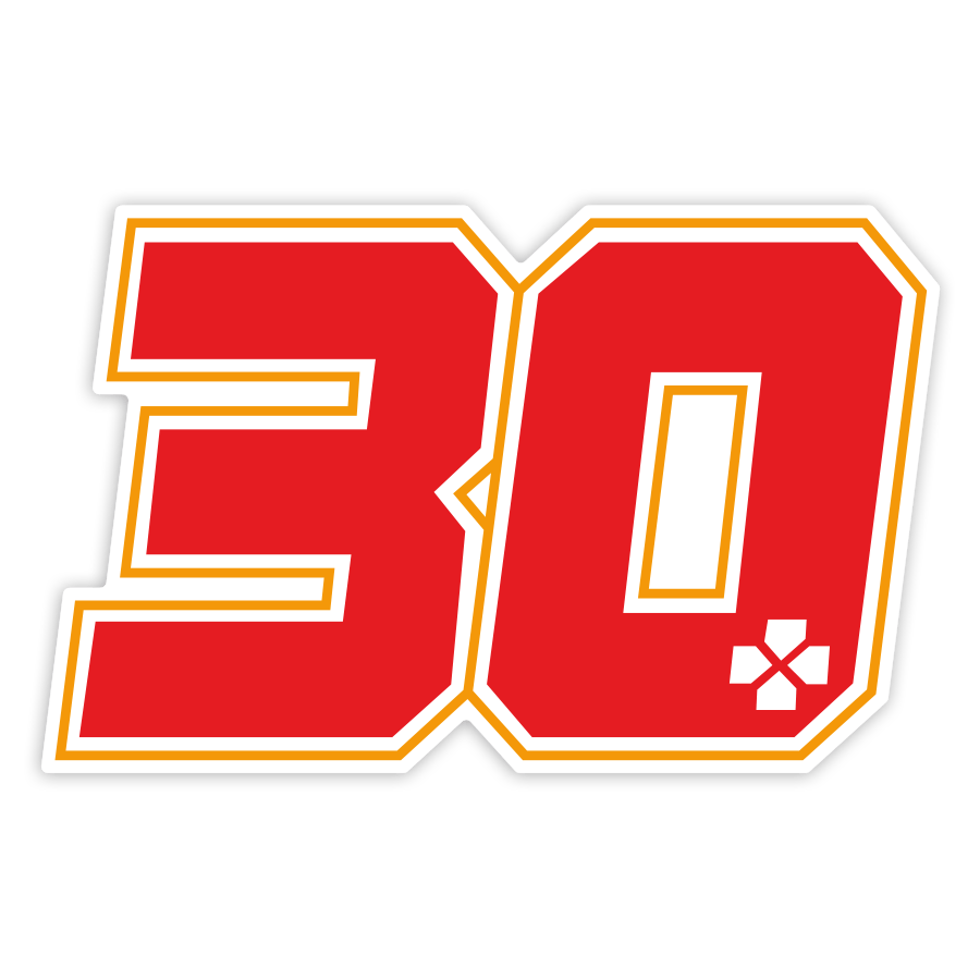 Car & Motorbike Stickers: Number 30 in Red with White Outline and Yellow Det