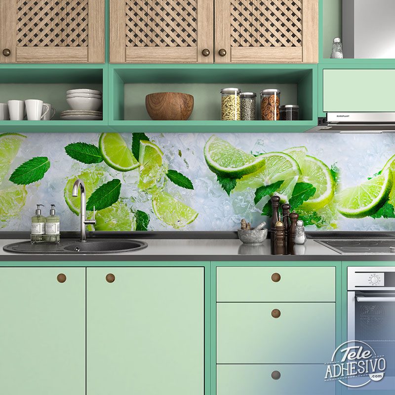 Wall Murals: Mint leaves, lime slices and ice