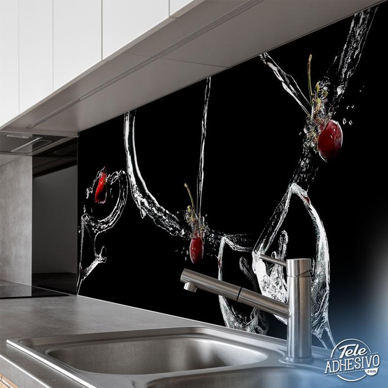 Wall Murals: Composition of glasses, water jets and red fruits