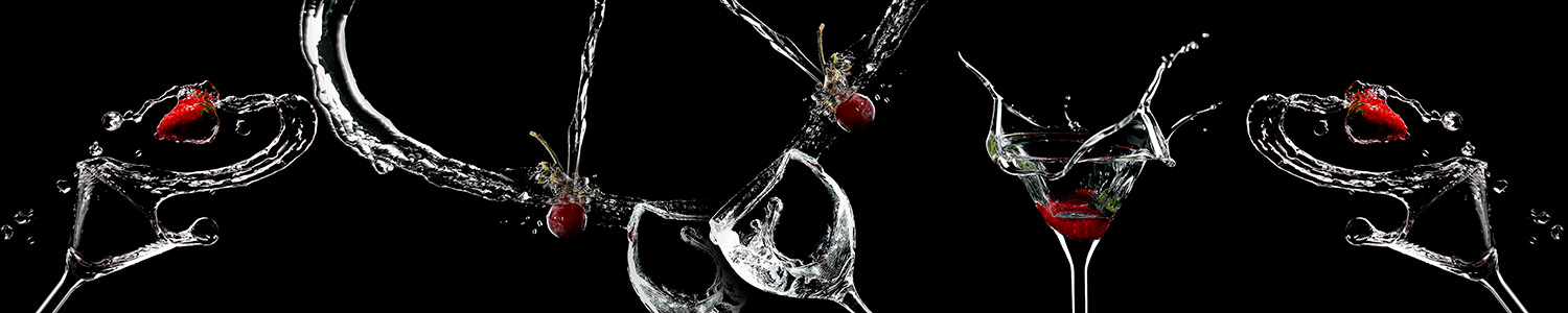 Wall Murals: Composition of glasses, water jets and red fruits
