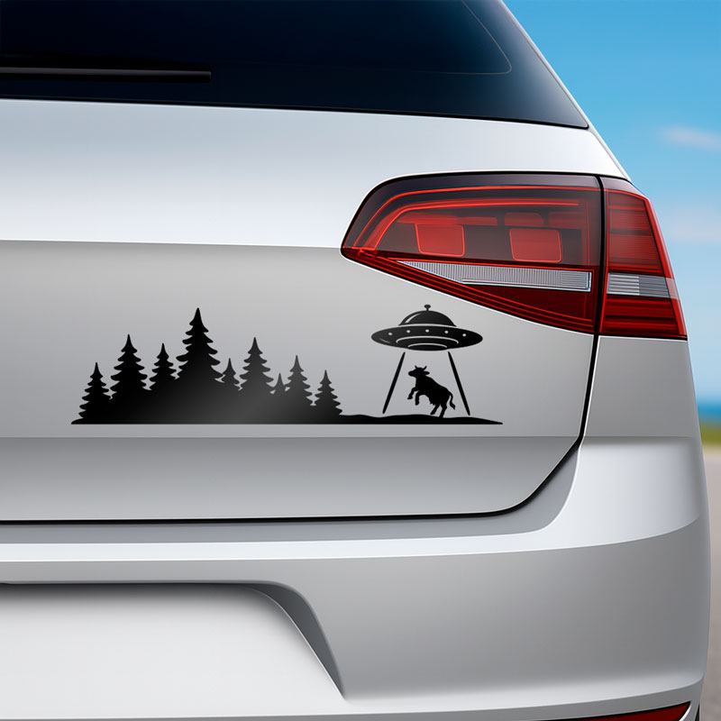 Car & Motorbike Stickers: Forest with UFO and Abducted Cow
