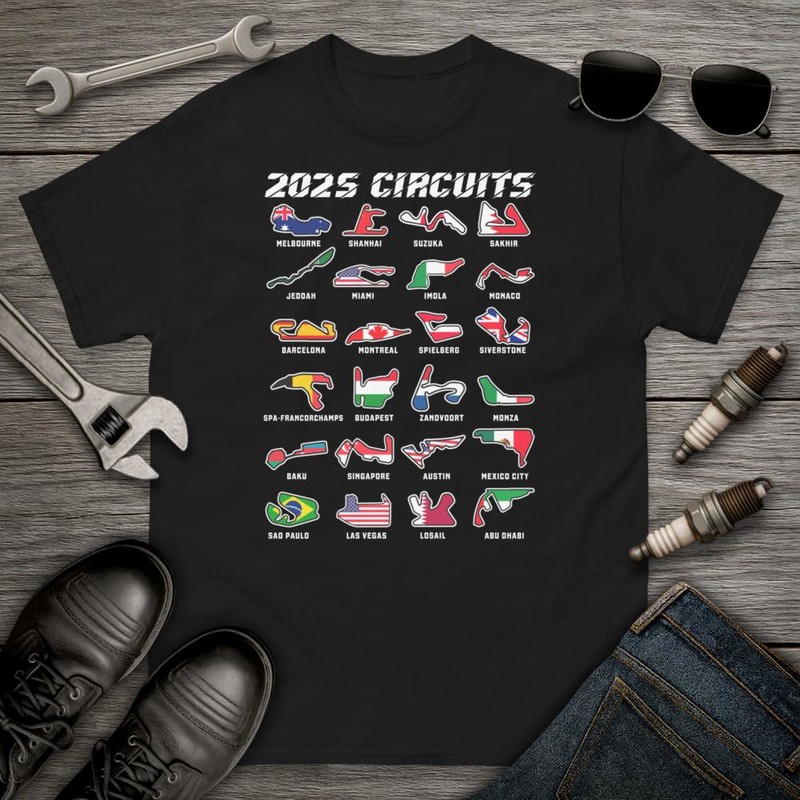 T-shirts: 2025 F1 Grand Prix with Circuits and Flags