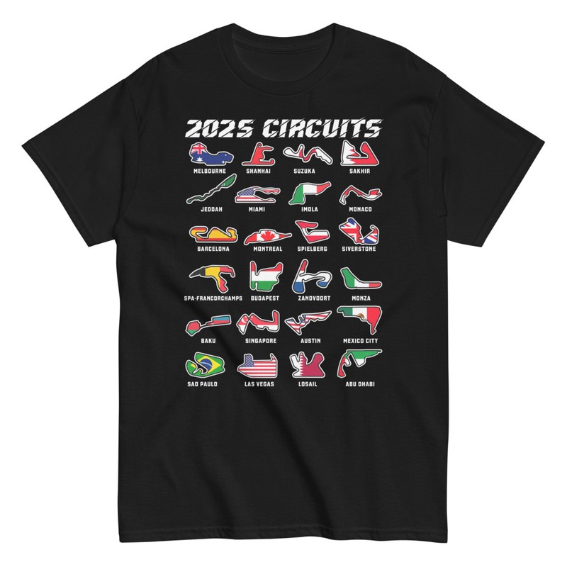 T-shirts: 2025 F1 Grand Prix T-shirt with Circuits and Flags