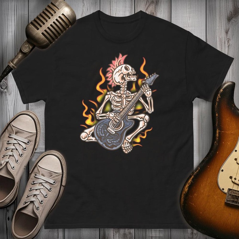 T-shirts: Skeleton Punk Guitarist on Fire