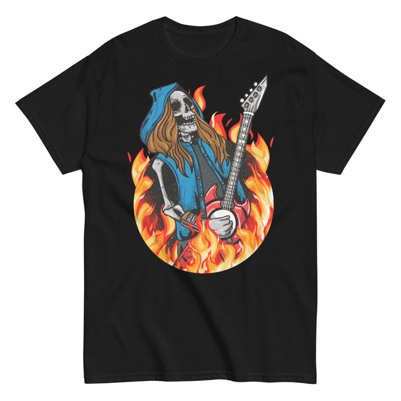 T-shirts: Skeleton Rocker Guitarist in Flames