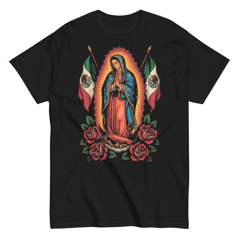 T-shirts: Virgin of Guadalupe and Flags