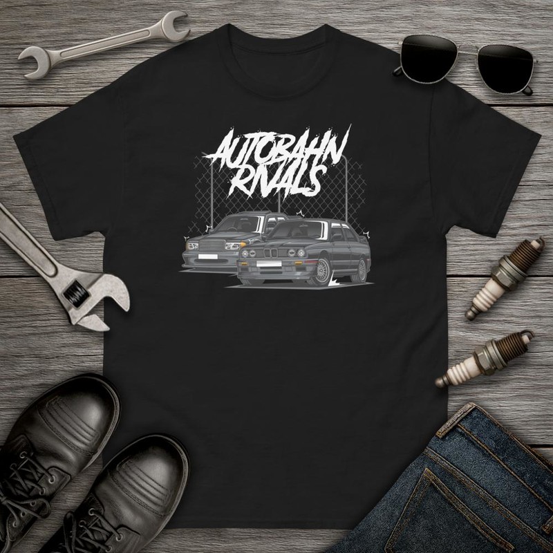 T-shirts: Autobahn Rivals BMW with Stylized Sports Cars