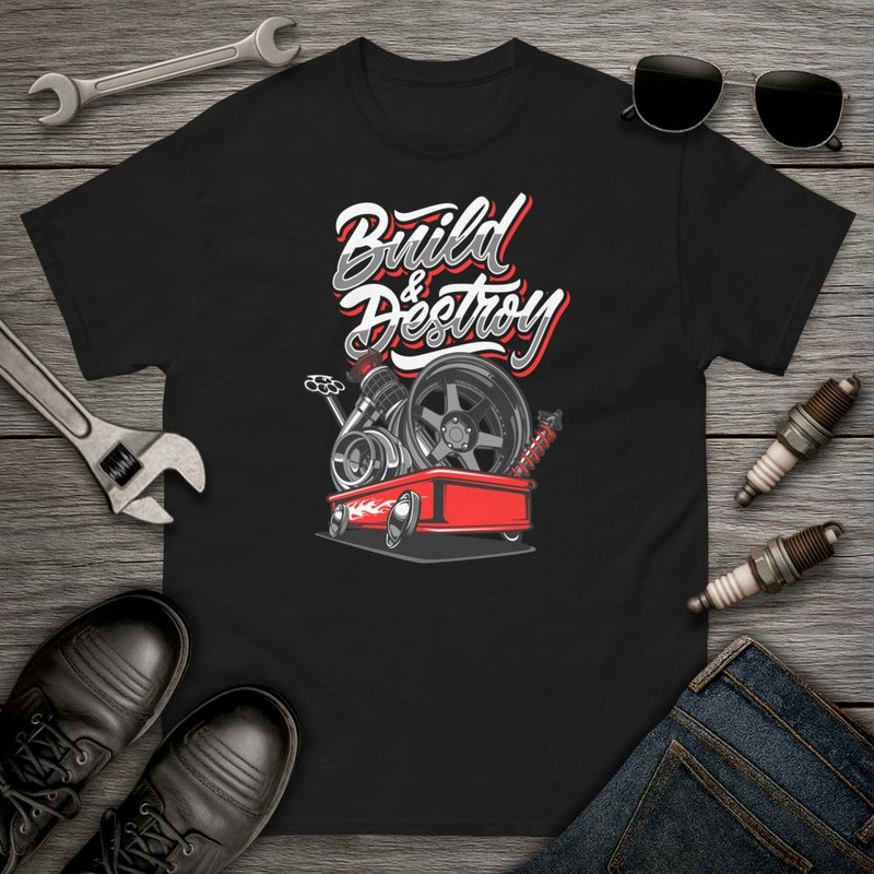 T-shirts: Red Racing Car with Build & Destroy Text