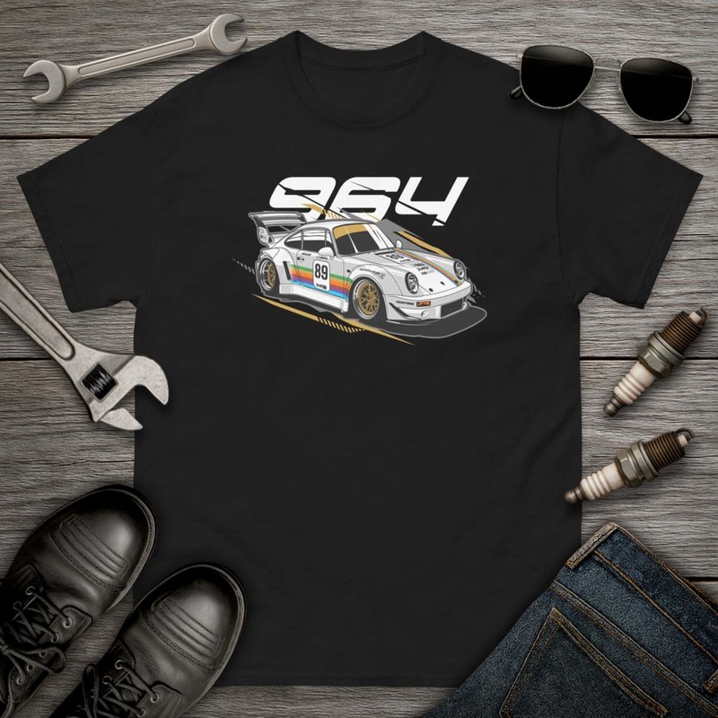 T-shirts: Porsche 964 with Number 89 and Racing Stripes
