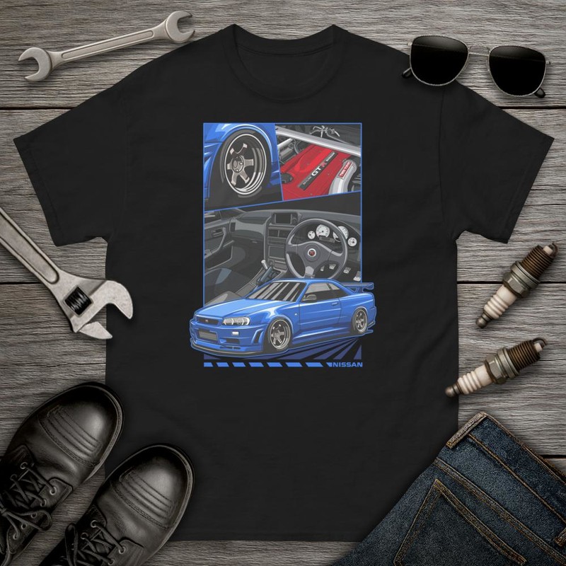 T-shirts: Blue Nissan Skyline Sports Car
