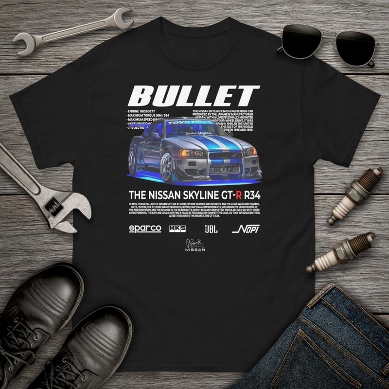 T-shirts: Nissan Skyline GT-R R34 with Text and Graphics