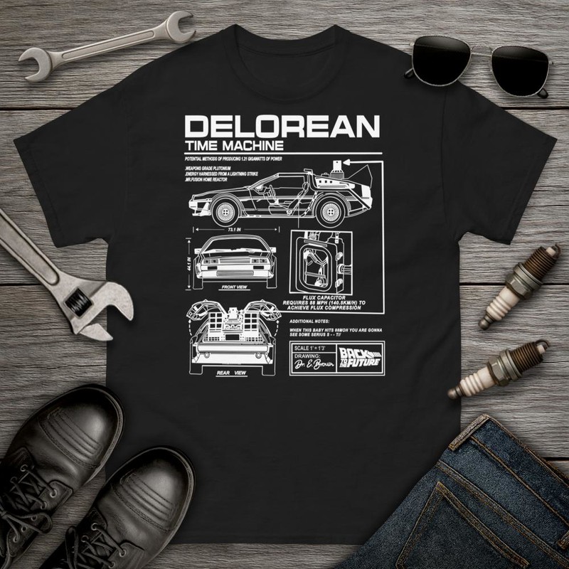 T-shirts: Technical Drawing Delorean Time Machine with Desig