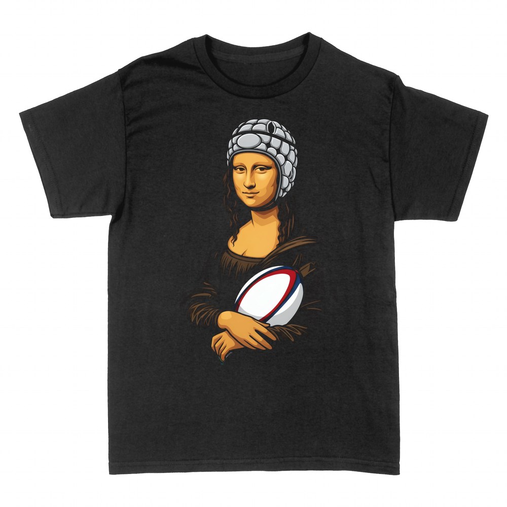 T-shirts: Mona Lisa rugby with scrum cap and ball