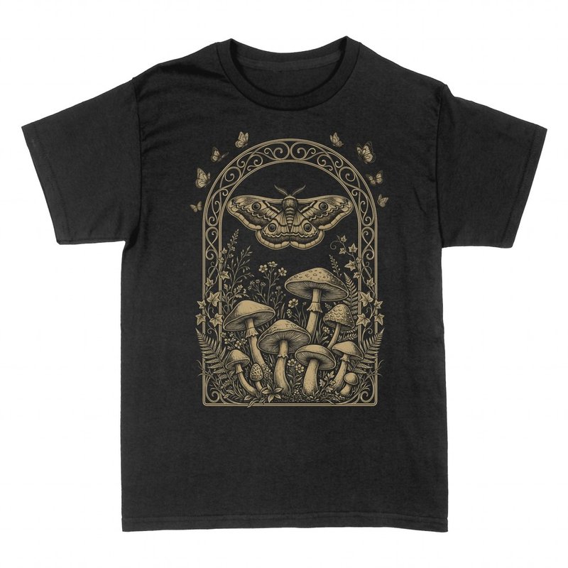 T-shirts: Moth and mushrooms in botanical arch