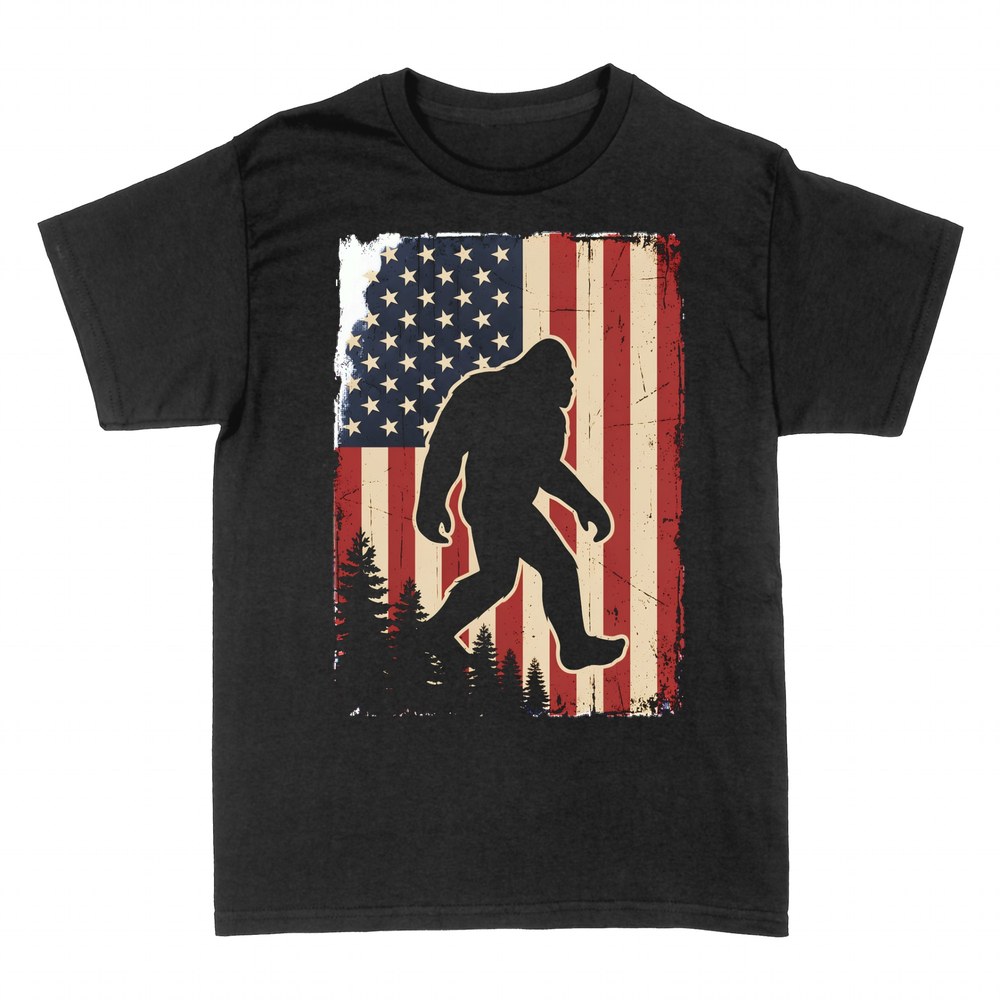 T-shirts: Bigfoot silhouette on American flag