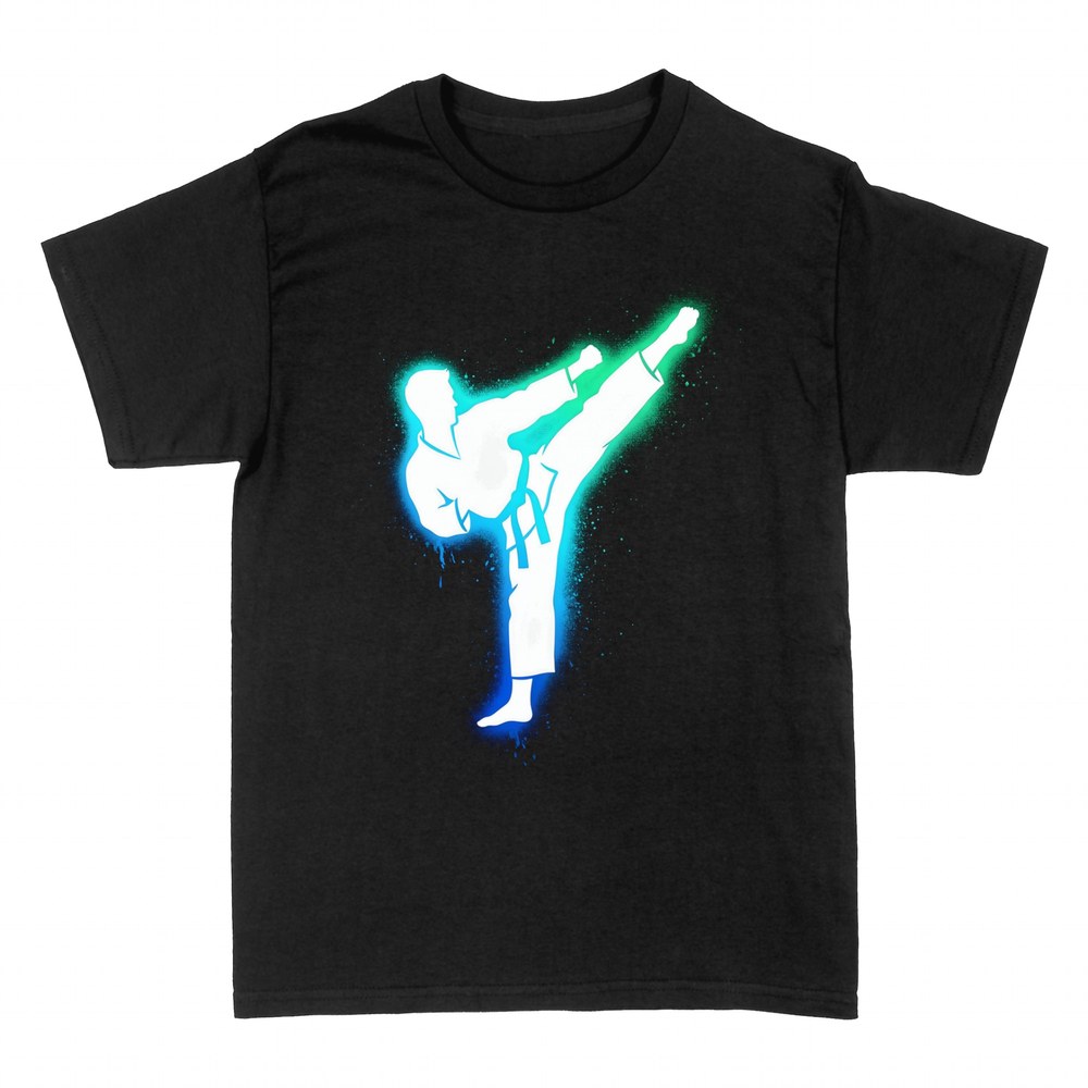 T-shirts: Glowing taekwondo high kick silhouette