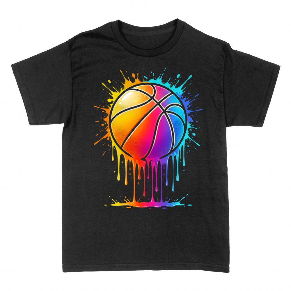 T-shirts: Colorful basketball with neon paint splatter