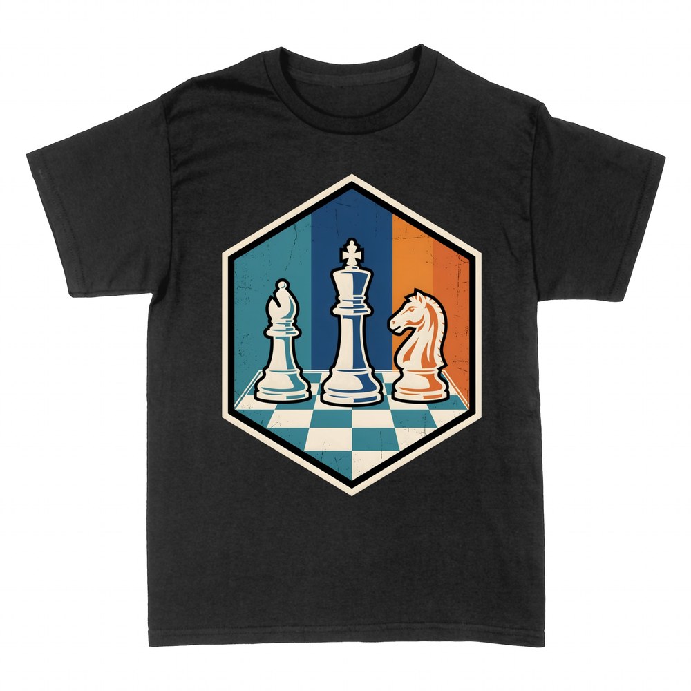 T-shirts: Retro chess pieces on a board