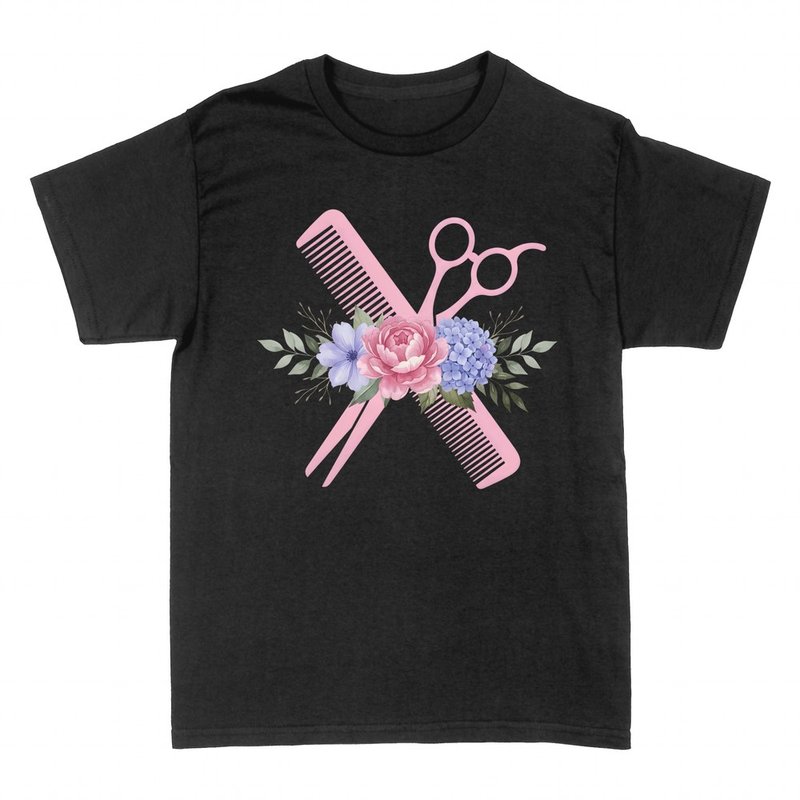 T-shirts: Floral comb and hairdressing scissors
