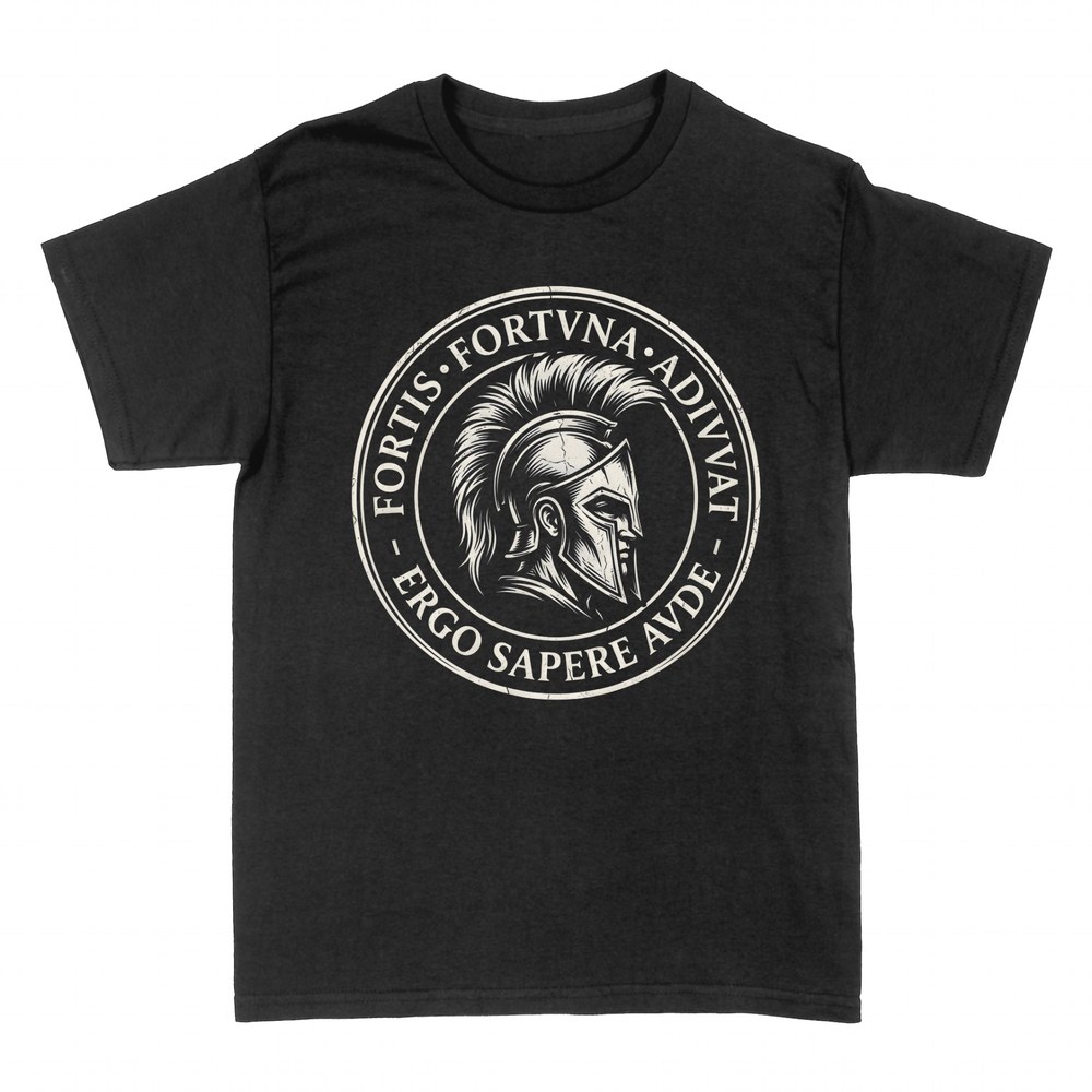 T-shirts: Spartan helmet with Latin mottos Fortis Fortuna
