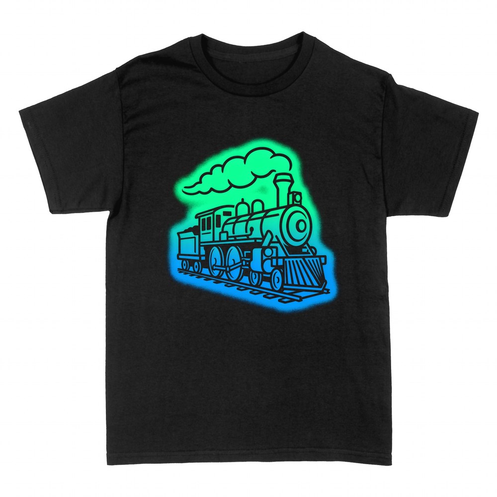 T-shirts: Steam locomotive puffing smoke on the rails