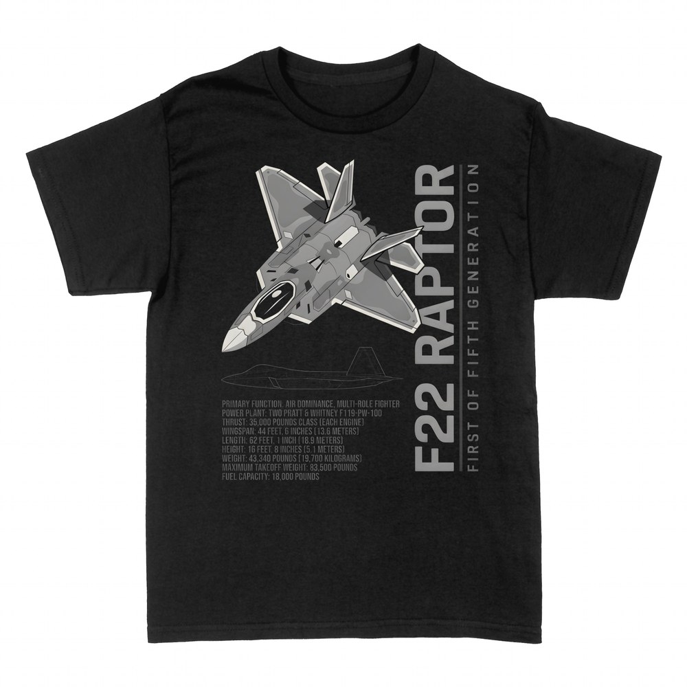 T-shirts: F-22 Raptor jet with spec sheet