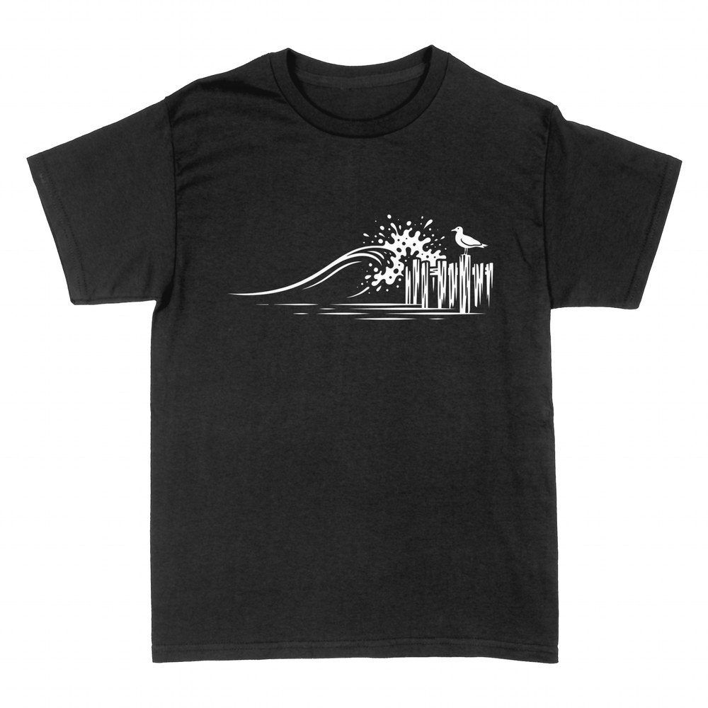 T-shirts: Wave and seagull on wooden pier posts