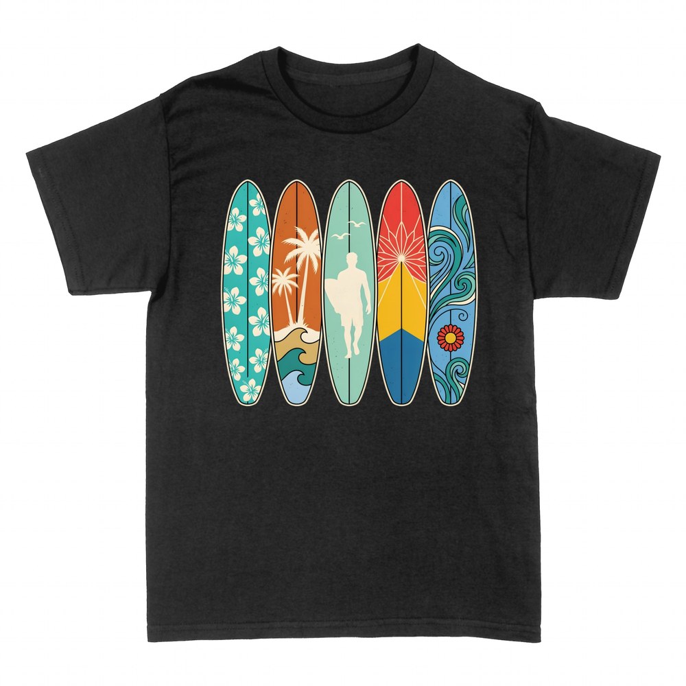 T-shirts: Five retro tropical surfboards in a row