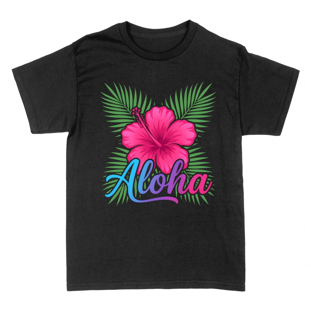 T-shirts: Aloha with pink hibiscus and palm leaves