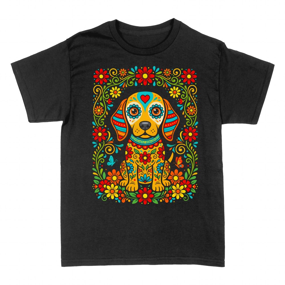 T-shirts: Mexican sugar skull dog with flowers