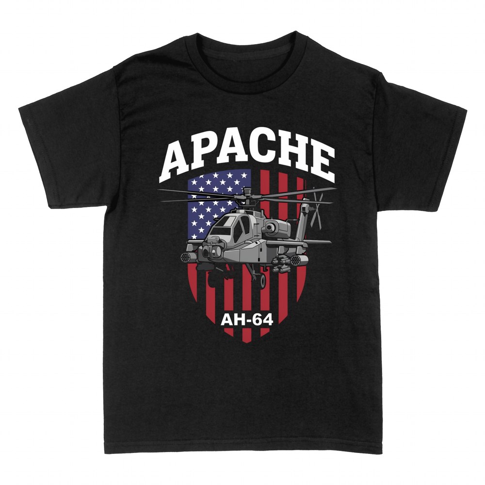 T-shirts: Apache AH-64 helicopter, US flag