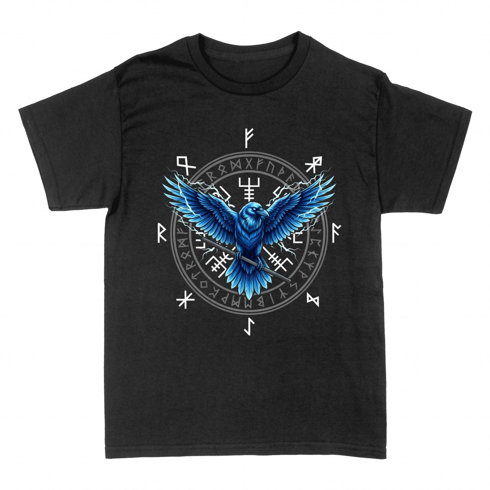 T-shirts: Viking raven with runes and lightning