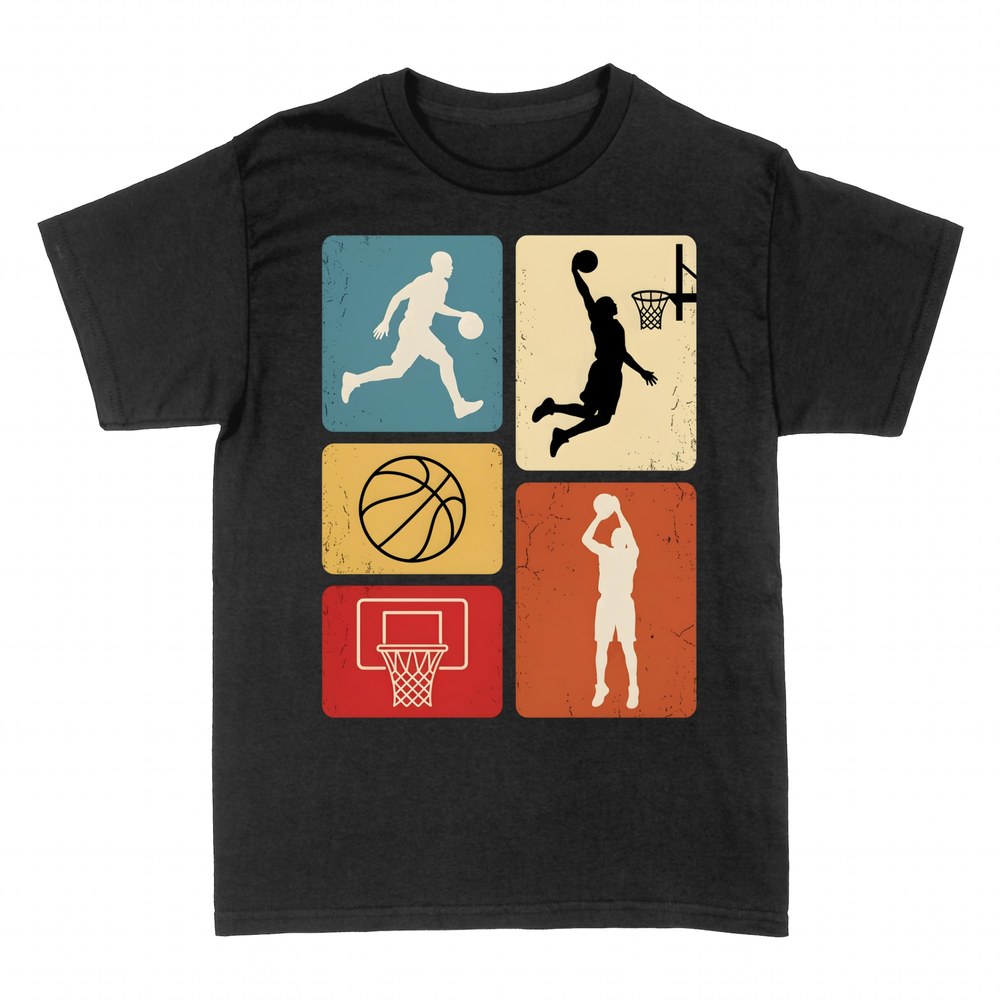 T-shirts: Retro basketball collage with silhouettes and hoop