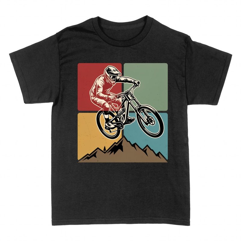 T-shirts: Downhill mountain biker jumping retro