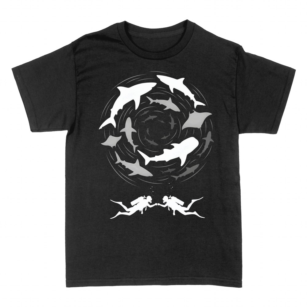 T-shirts: Scuba divers and shark vortex