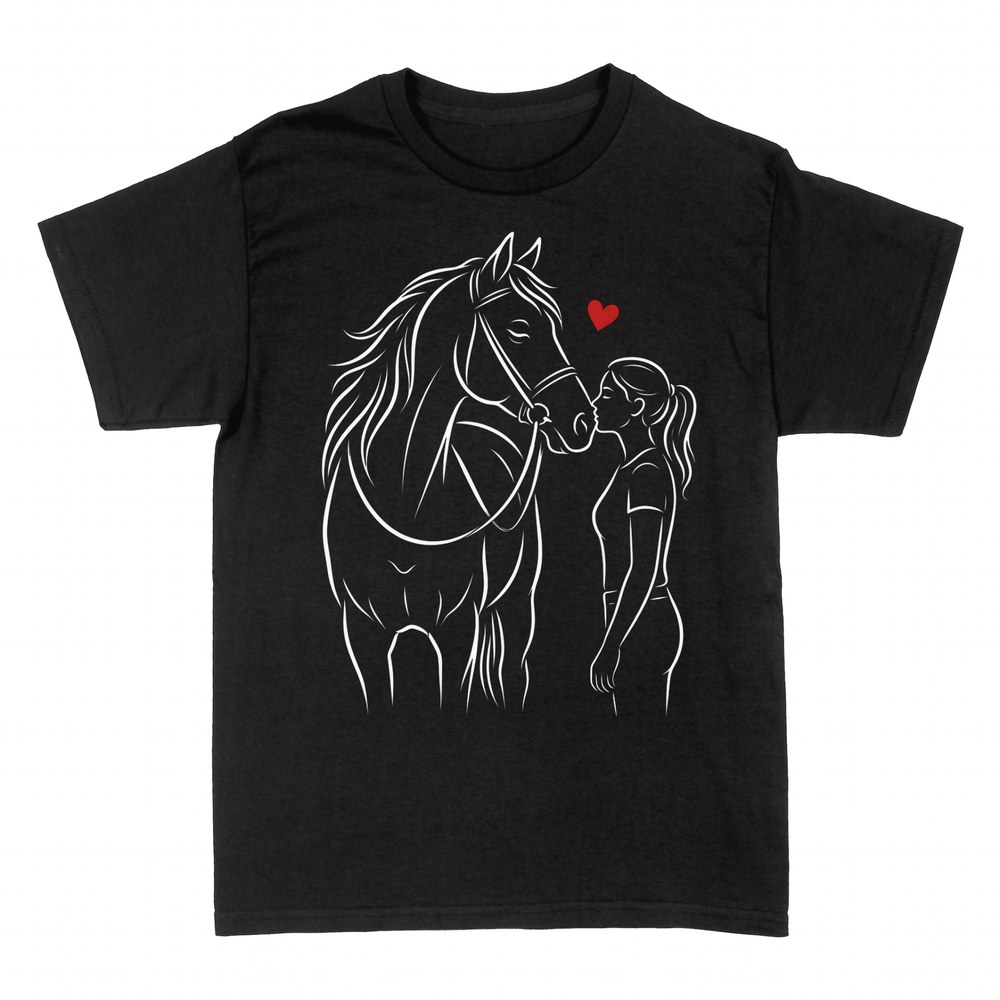 T-shirts: Girl kissing her horse with a heart